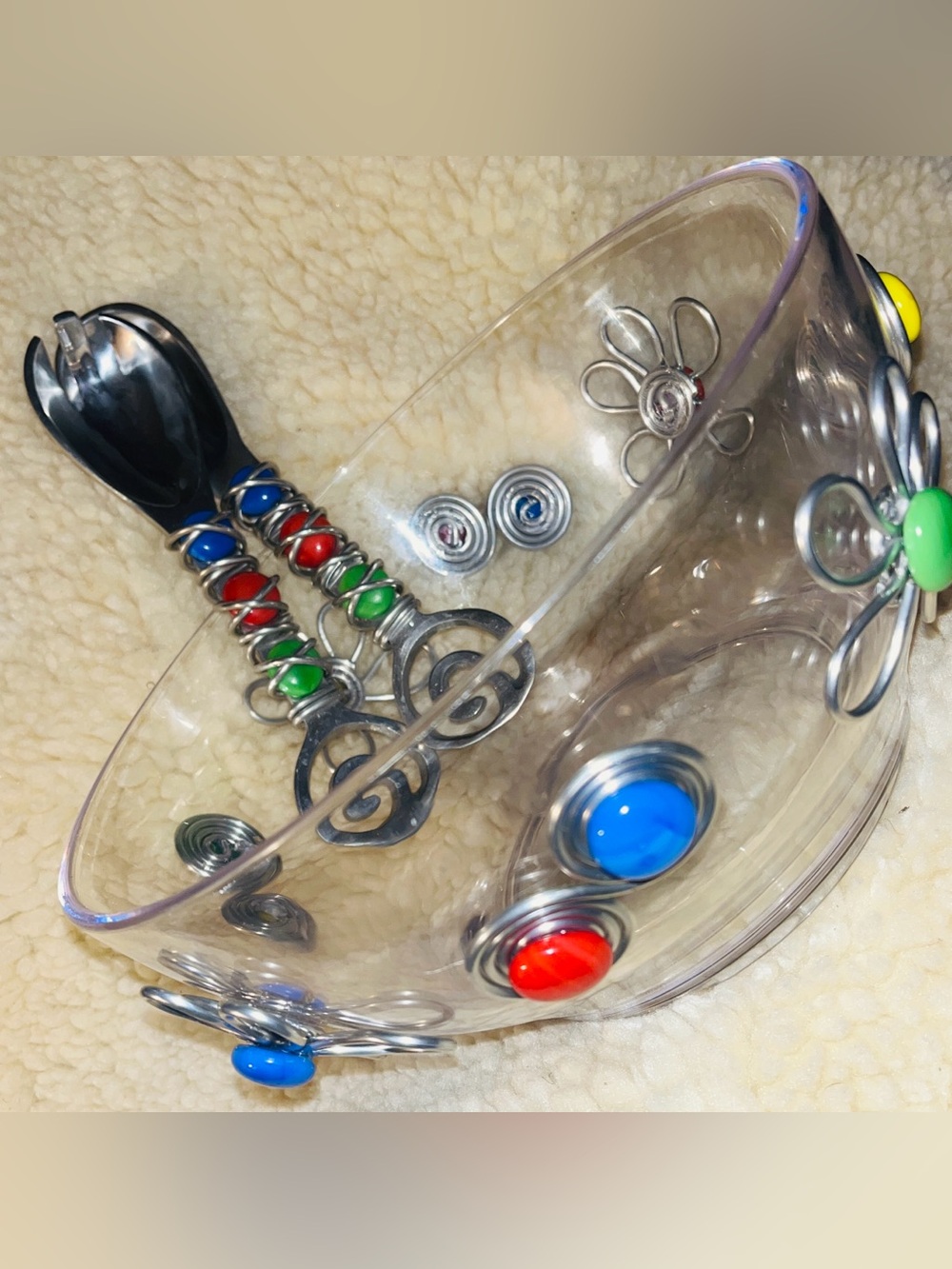 Colorful Wire Flower Acrylic Salad Serving Bowl Spoon Fork 3 Pc Set